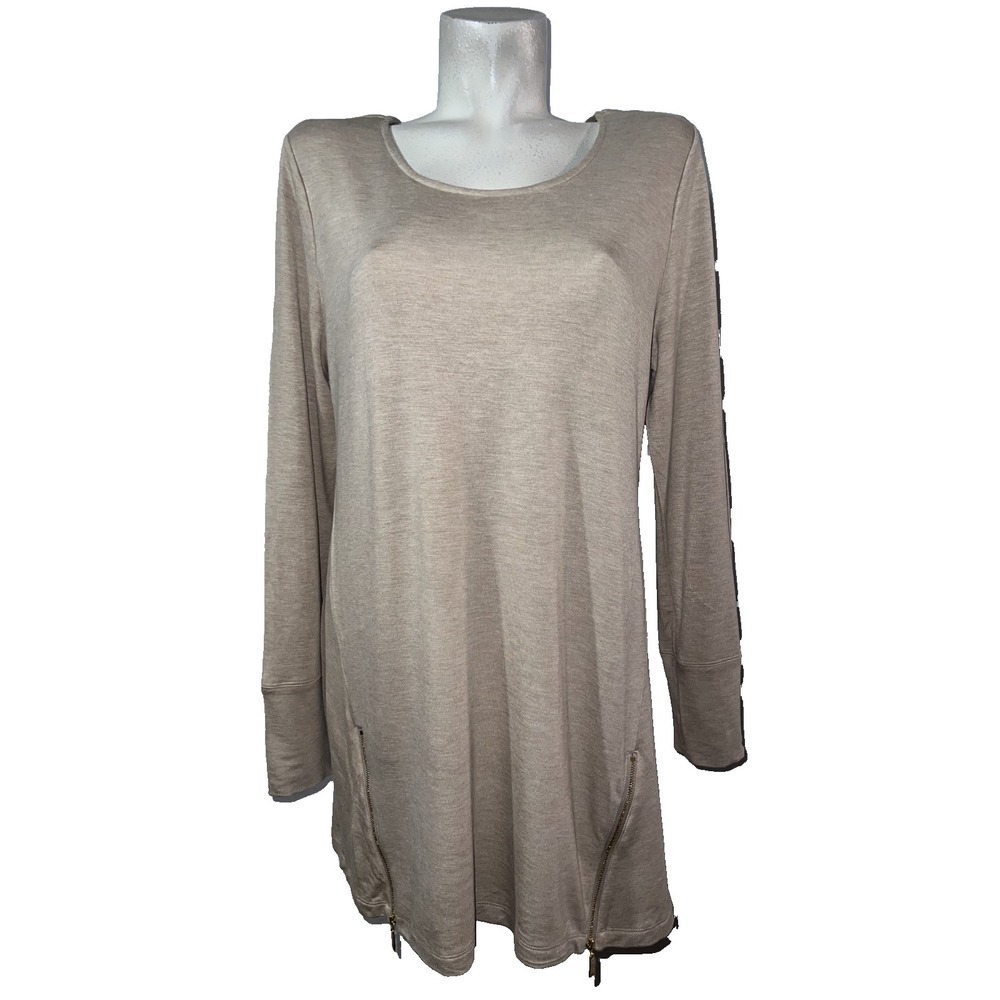 Soma Womens Large Tan Long Sleeve Side Zip Tunic Scoop Neck Rayon Blend Top